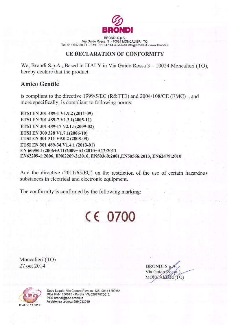 Page 1 de la notice Manuel utilisateur Brondi Amico Gentle