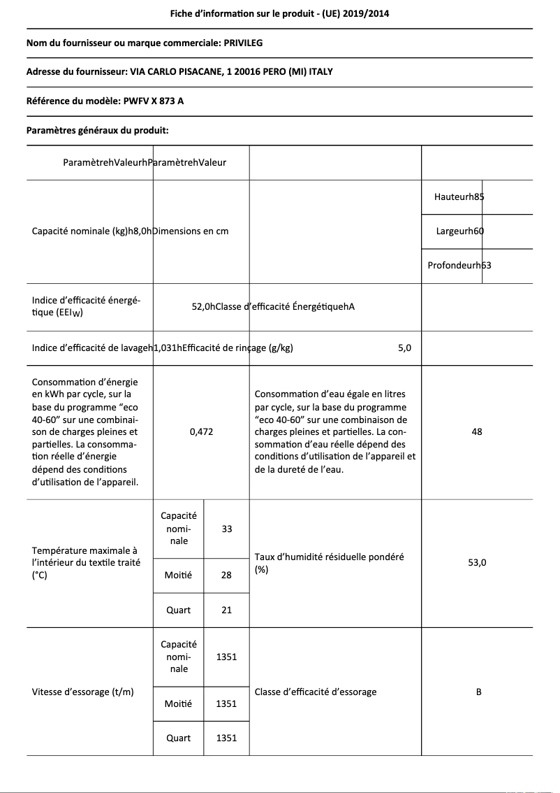 Image de la première page du manuel de l'appareil PWFV X 873 A