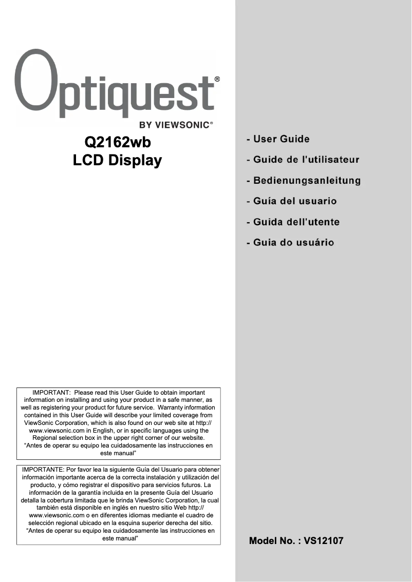Page n°1 - Manuel utilisateur Viewsonic Optiquest Q2162wb