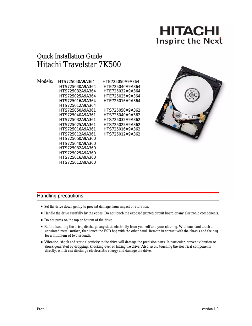 Page n°1 - Manuel utilisateur HGST Travelstar 7K500