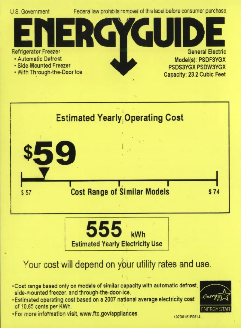 Page 1 de la notice Label énergétique GE PSDS3YGXSS