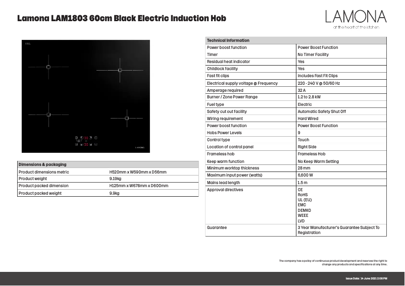 Page n°1 - Fiche technique Lamona LAM1803
