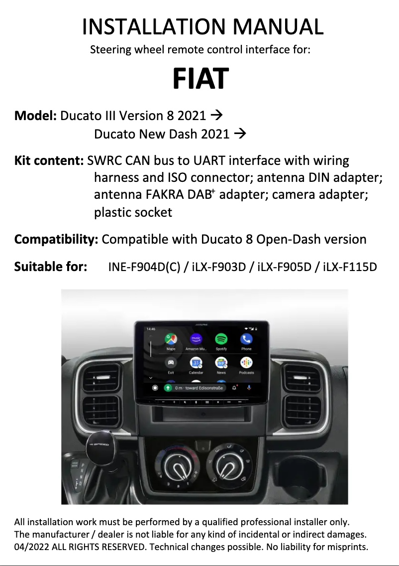 Page 1 de la notice Manuel utilisateur Alpine KIT-F9FI-DU8