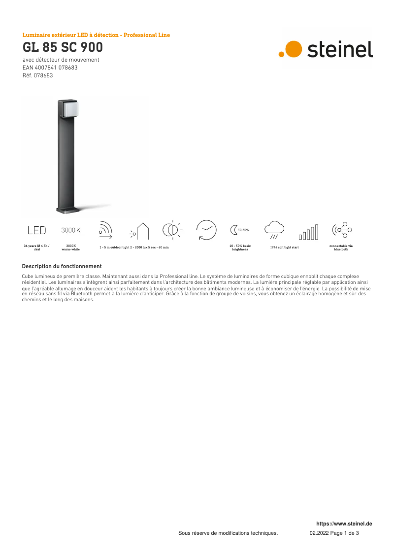 Page 1 de la notice Fiche technique Steinel GL 85 SC 900