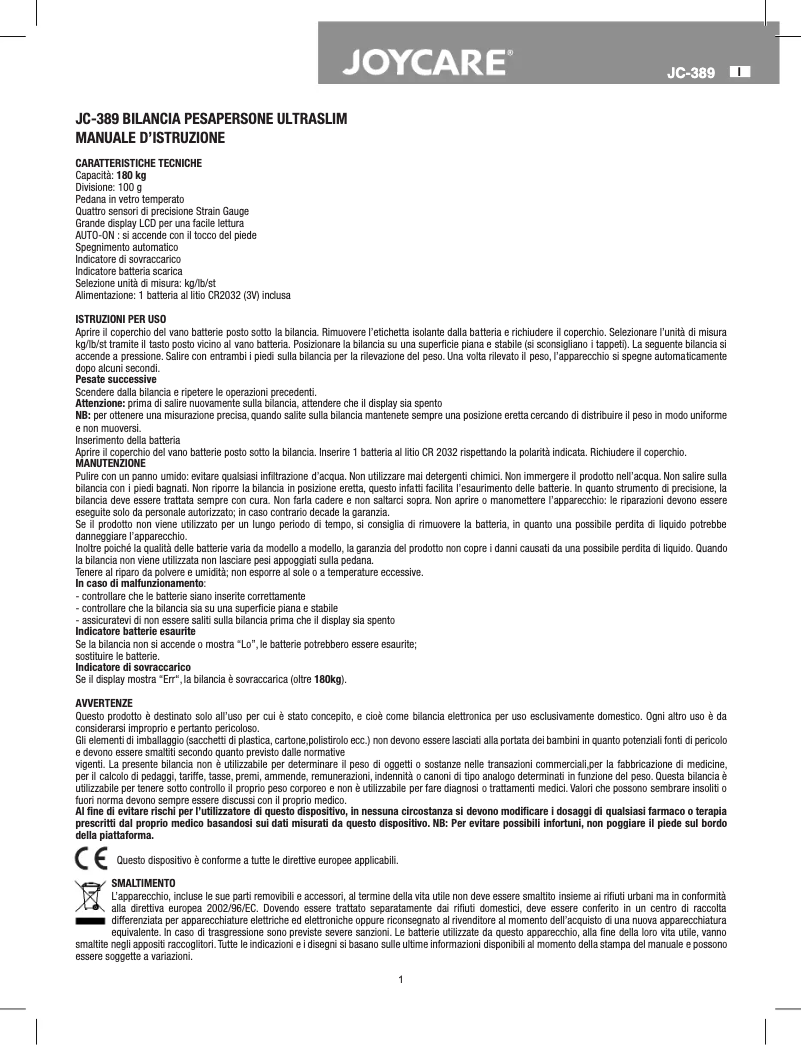 Page 1 de la notice Manuel utilisateur Joycare JC-389