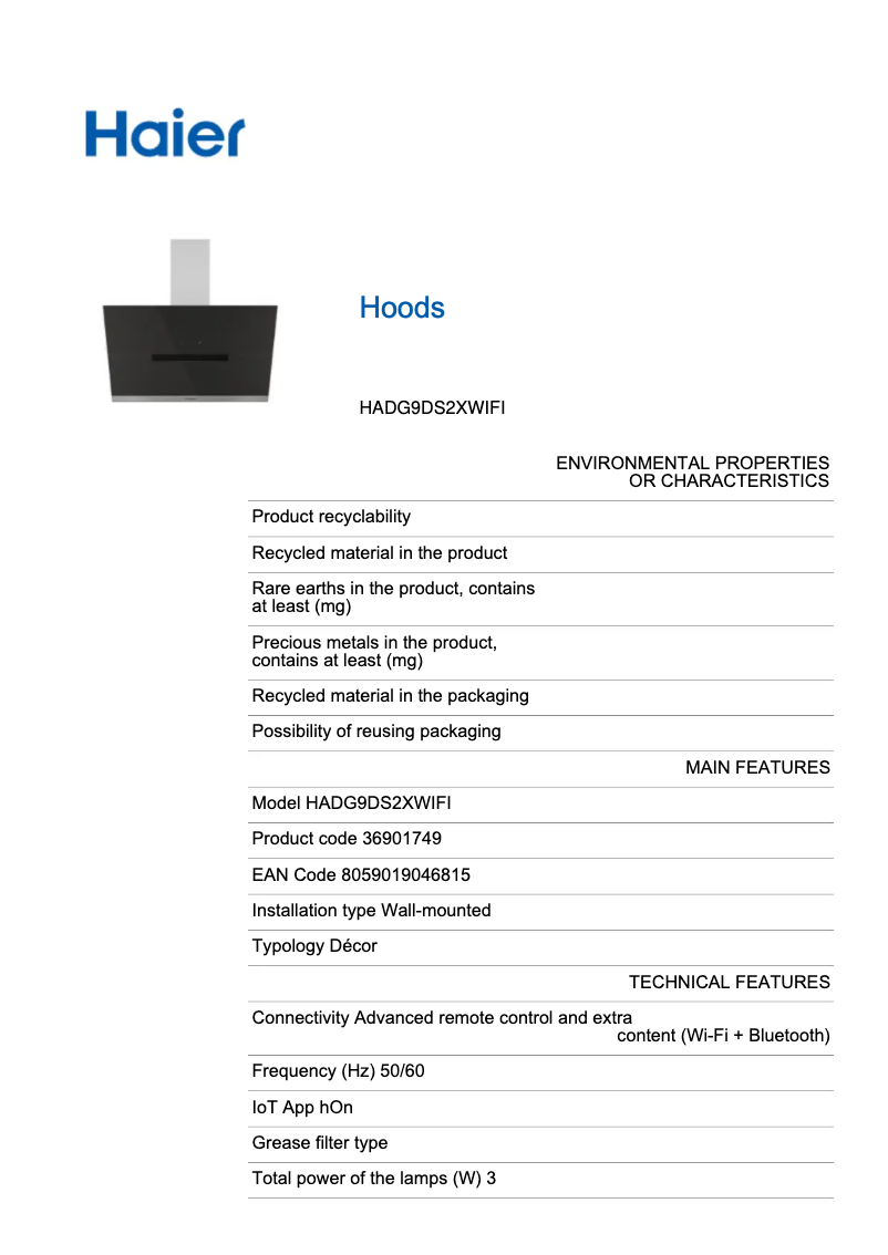 Page 1 de la notice Label énergétique Haier I-Link HADG9DS2XWIFI
