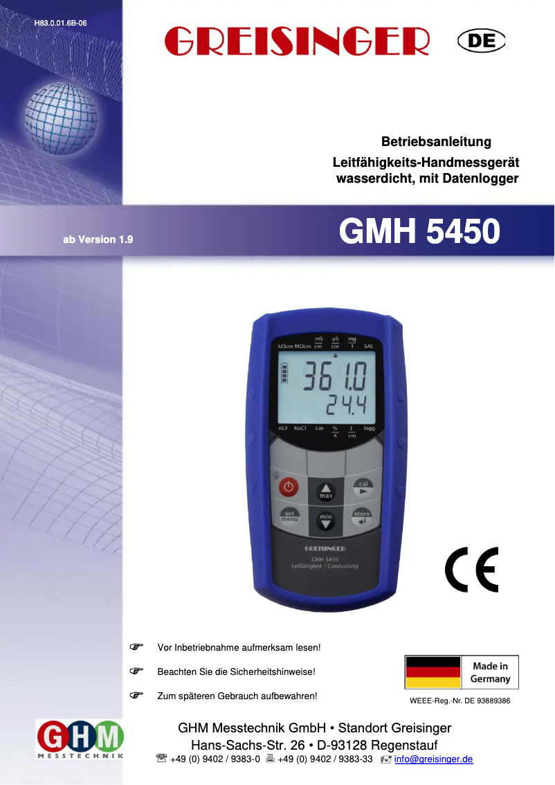 Page 1 of the manual User Manual Greisinger GMH 5450