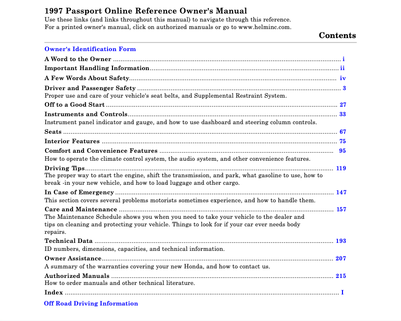 Page 1 de la notice Manuel utilisateur Honda Passport (1997)