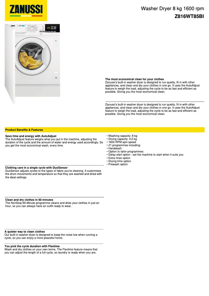 Página 1 del manual Ficha técnica Zanussi Z816WT85BI