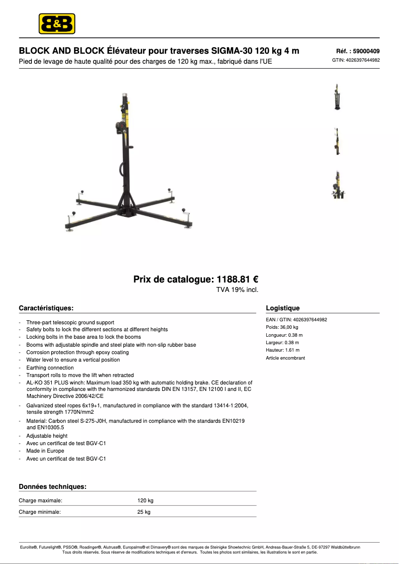 Page 1 de la notice Fiche technique Block & Block SIGMA-30