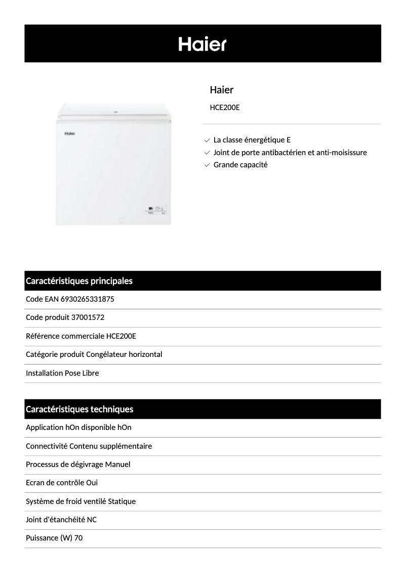 Page n°1 - Fiche technique Haier HCE203F