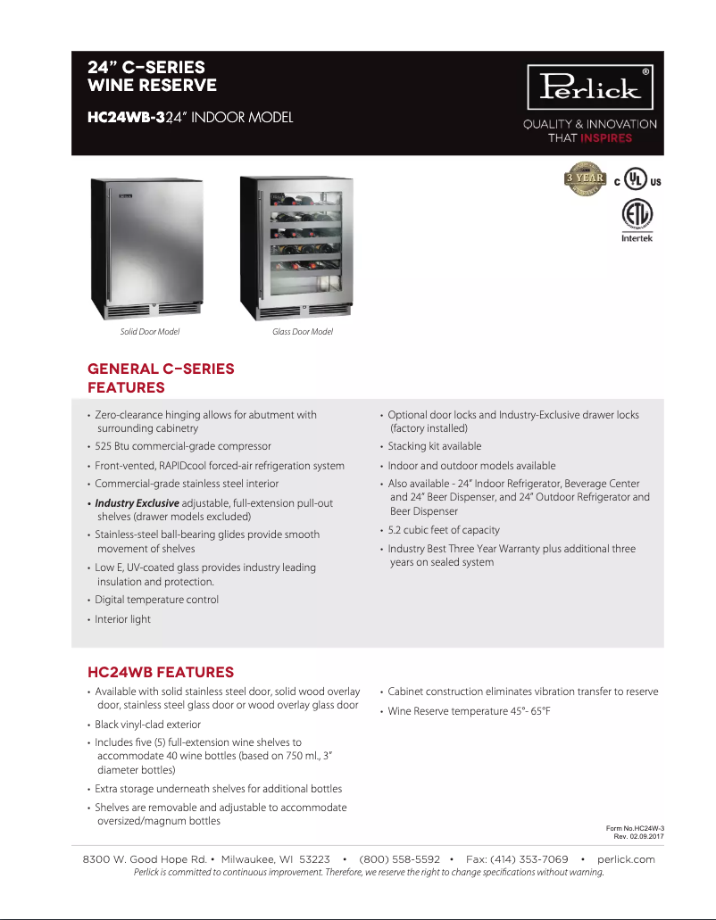 Página 1 del manual Ficha técnica Perlick C-Series HC24WB-3-4R