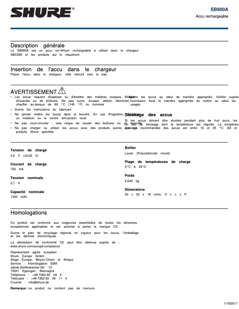 Page 1 de la notice Manuel utilisateur Shure SB900B