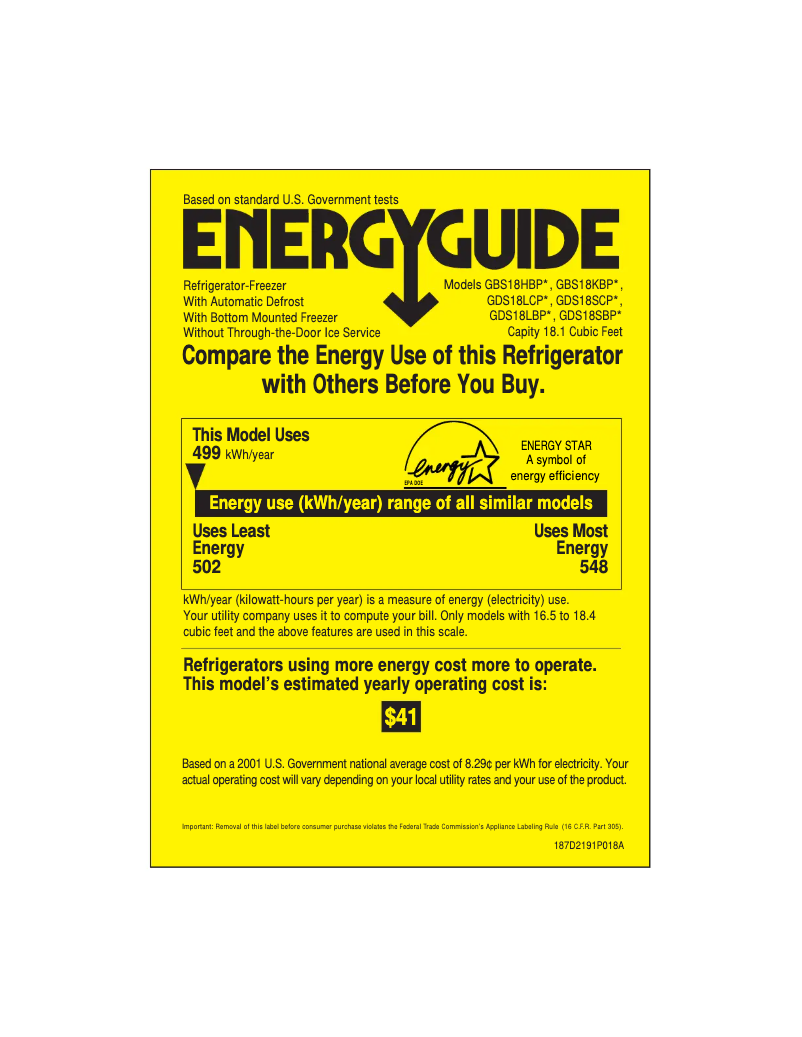 Page n°1 - Label énergétique GE GDS18LBPWW