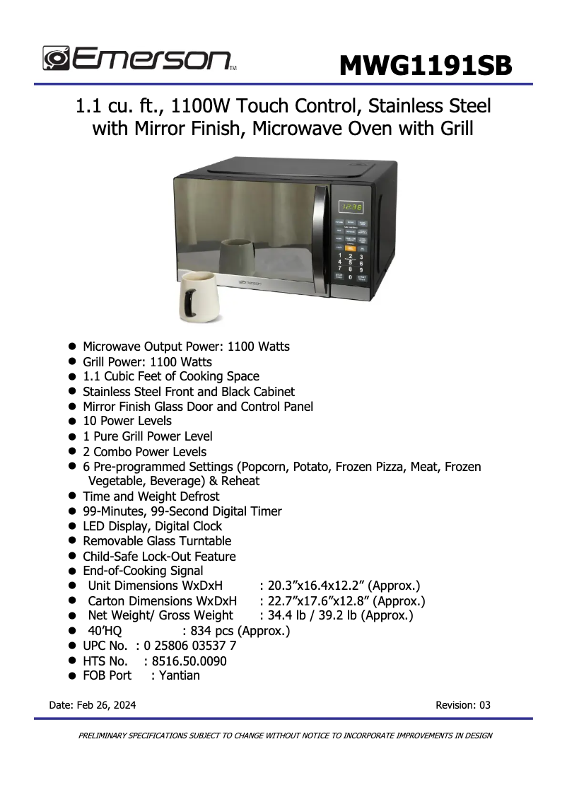 Page n°1 - Fiche technique Emerson MWG1191SB