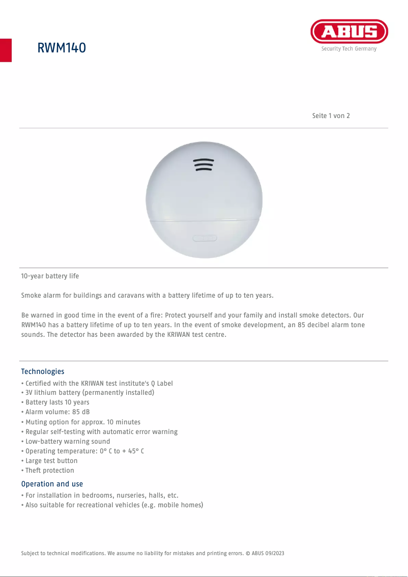 Page n°1 - Fiche technique Abus RWM140