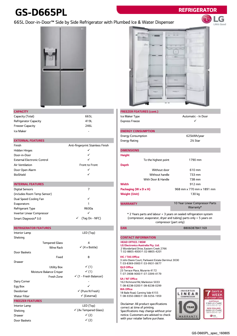 Page 1 de la notice Fiche technique LG GS-D665PL