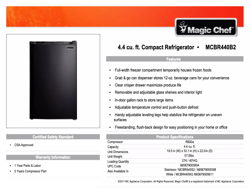 Page 1 de la notice Manuel utilisateur Magic Chef MCBR440B2