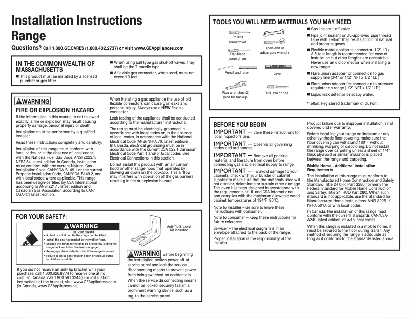 Page n°1 - Guide d'installation Adora JGB720SEJSS