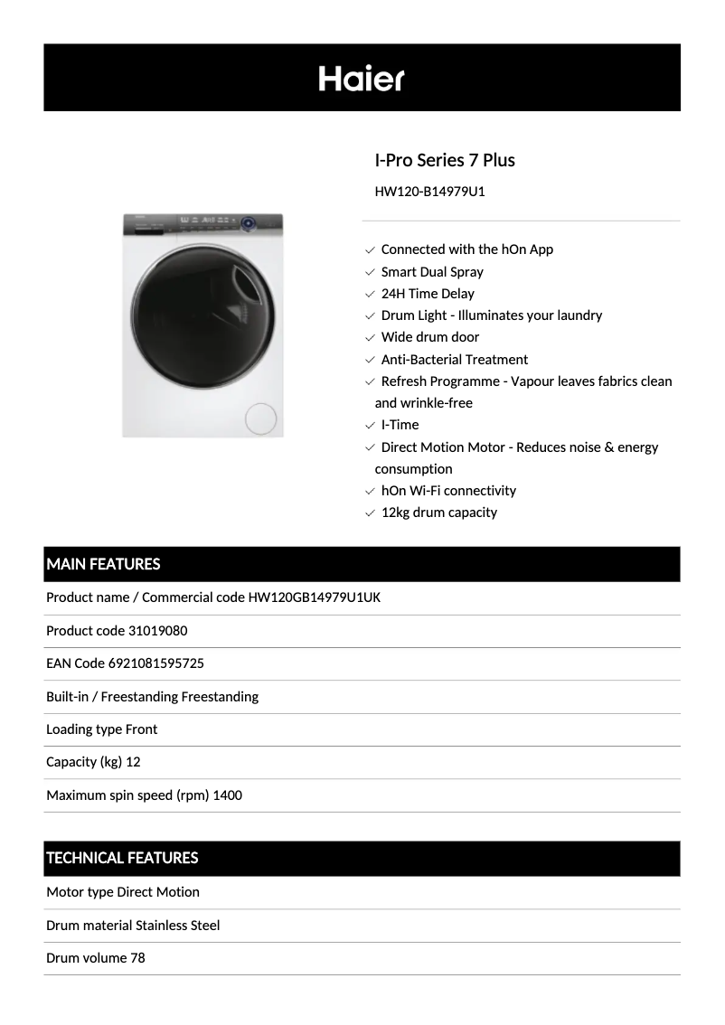 Page 1 de la notice Fiche technique Haier HW120-B14979U1