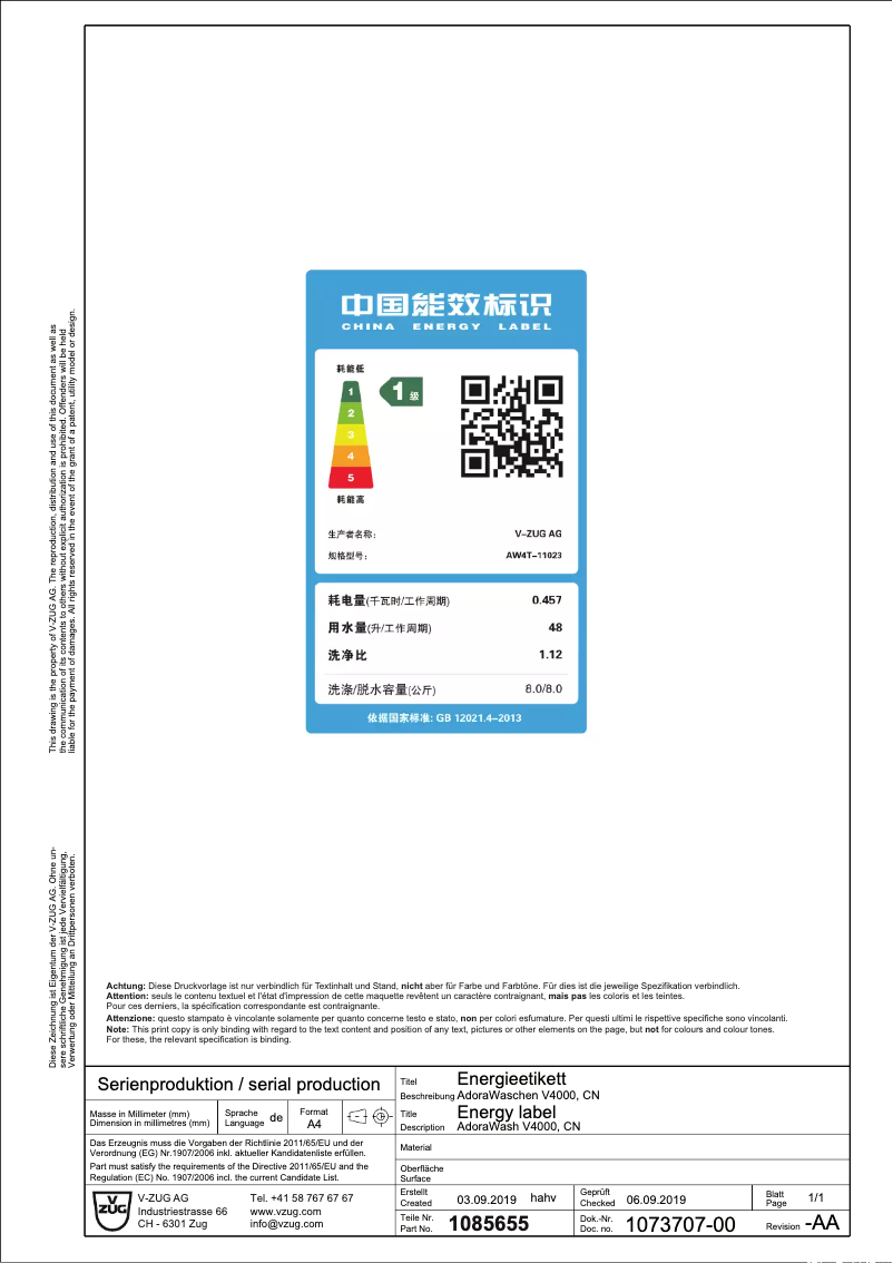 Page 1 of the manual Energy Label V-Zug AdoraWash V4000