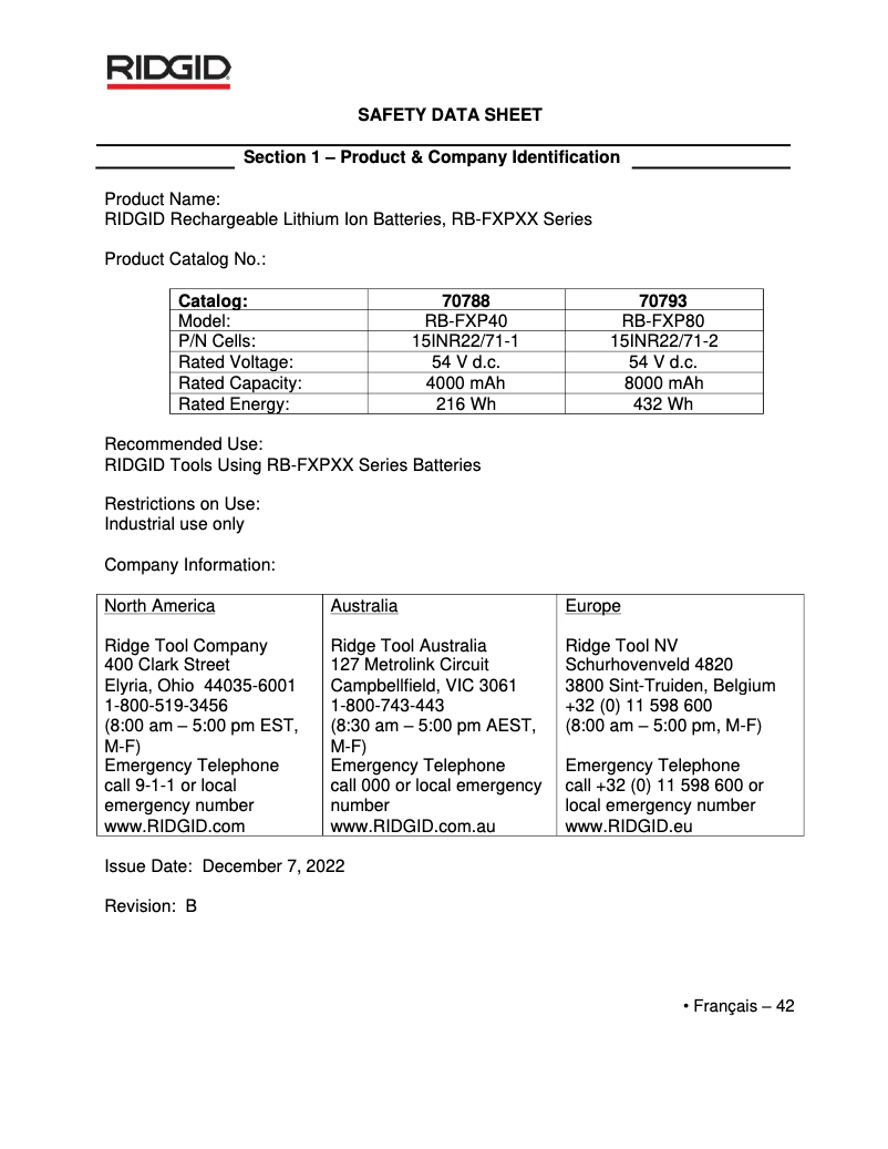 Page 1 de la notice Fiche technique Ridgid 760 FXP