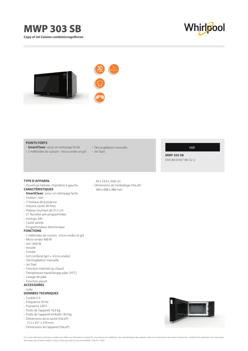 Page n°1 - Fiche technique Whirlpool MWP 303 SB
