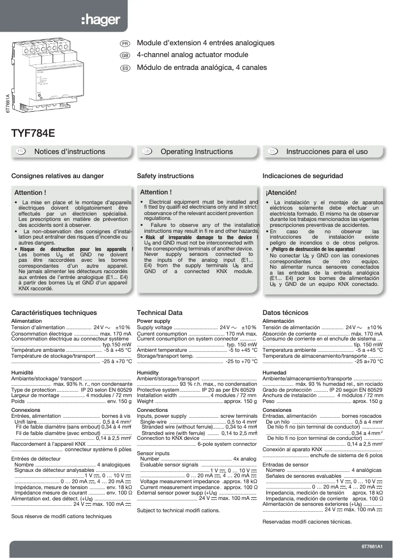 Page 1 de la notice Manuel utilisateur Hager TYF784E