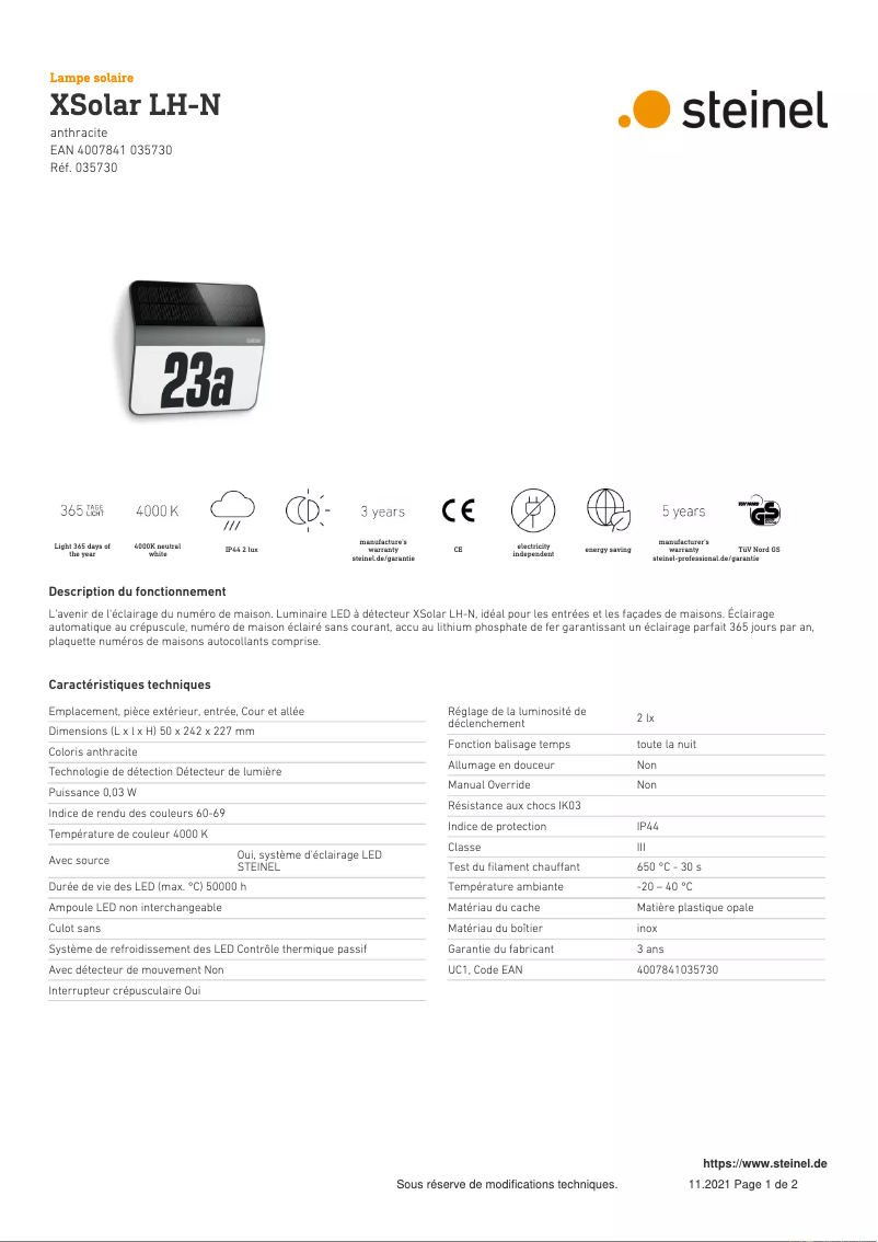 Page 1 de la notice Fiche technique Steinel XSolar LH