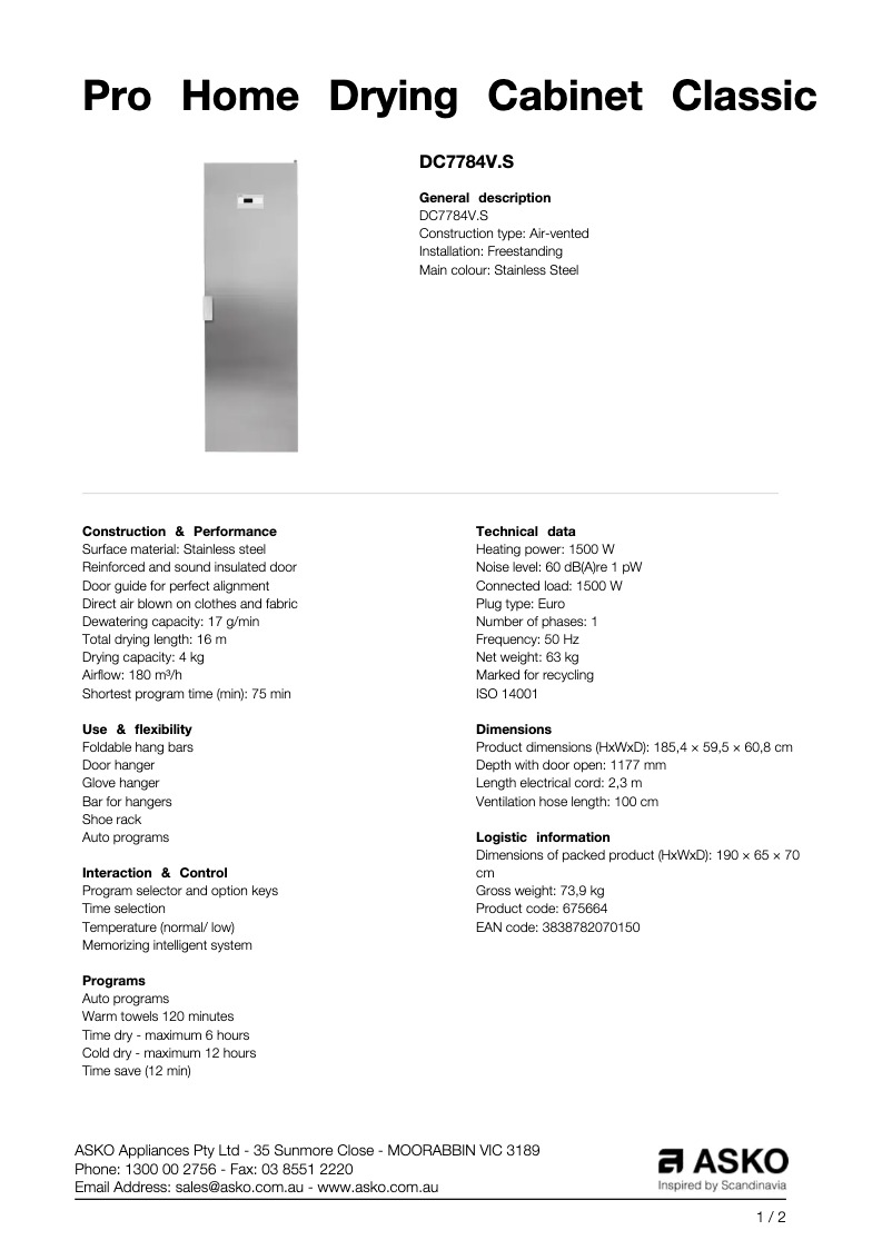 Page 1 de la notice Fiche technique Asko DC7784V