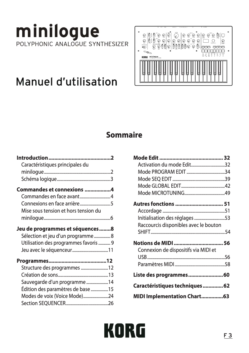 Image de la première page du manuel de l'appareil Minilogue bass