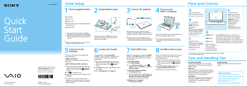 Page 1 de la notice Guide d'installation Sony Vaio SVE14A27CXH