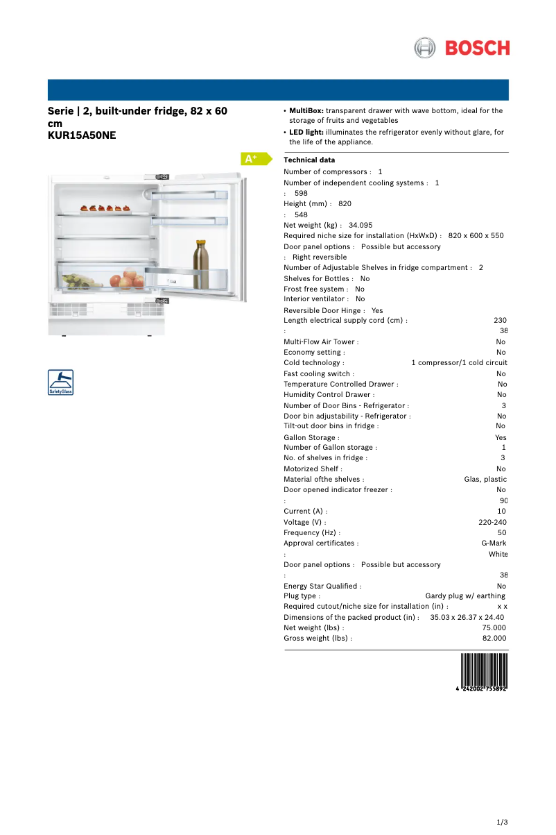 Image de la première page du manuel de l'appareil KUR15A50NE