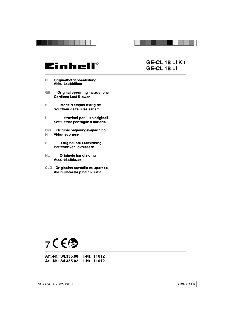 Page n°1 - Manuel utilisateur Einhell GE-CL 18 Li-Solo