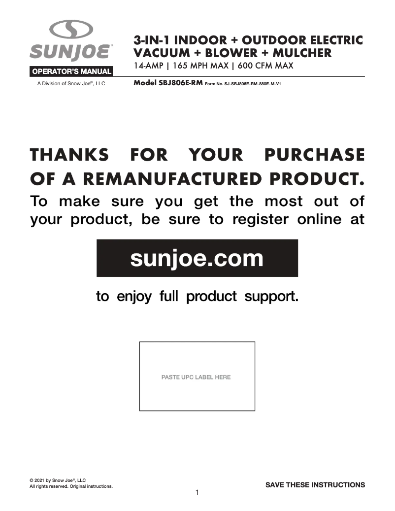Page 1 de la notice Manuel utilisateur Sun Joe SBJ806E-RM