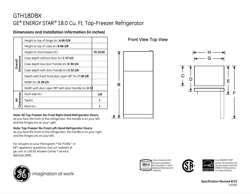 Page 1 de la notice Fiche technique GE GTH18DBXLCC