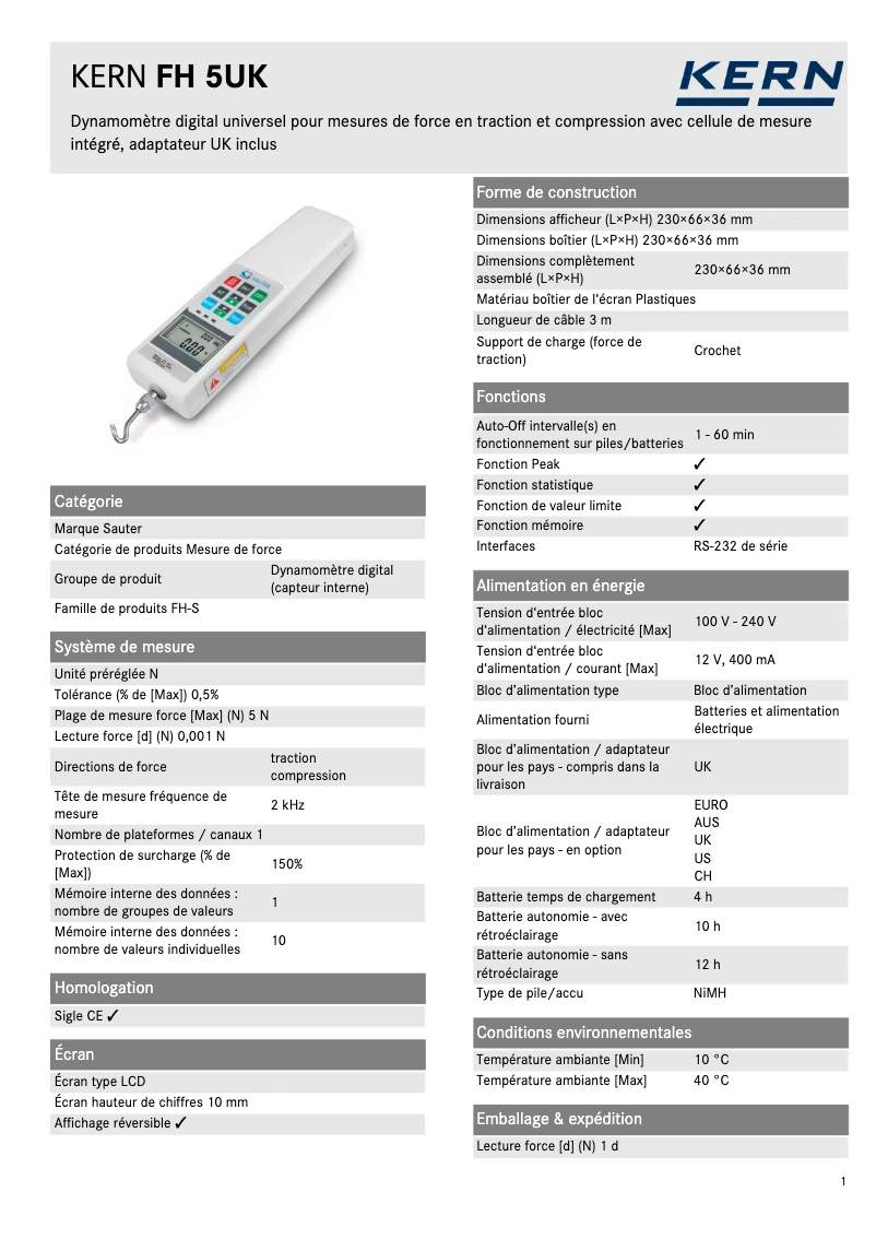 Page 1 de la notice Fiche technique Kern FH 5UK