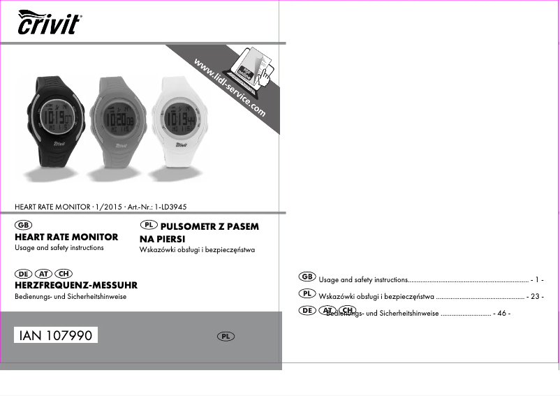 Page 1 de la notice Manuel utilisateur Crivit 1-LD3945