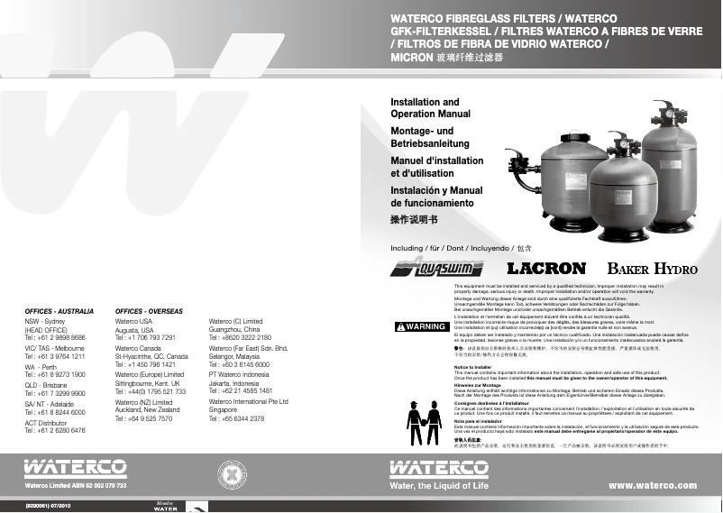 Page 1 de la notice Manuel utilisateur Waterco Micron Top Mount Fibreglass Filters