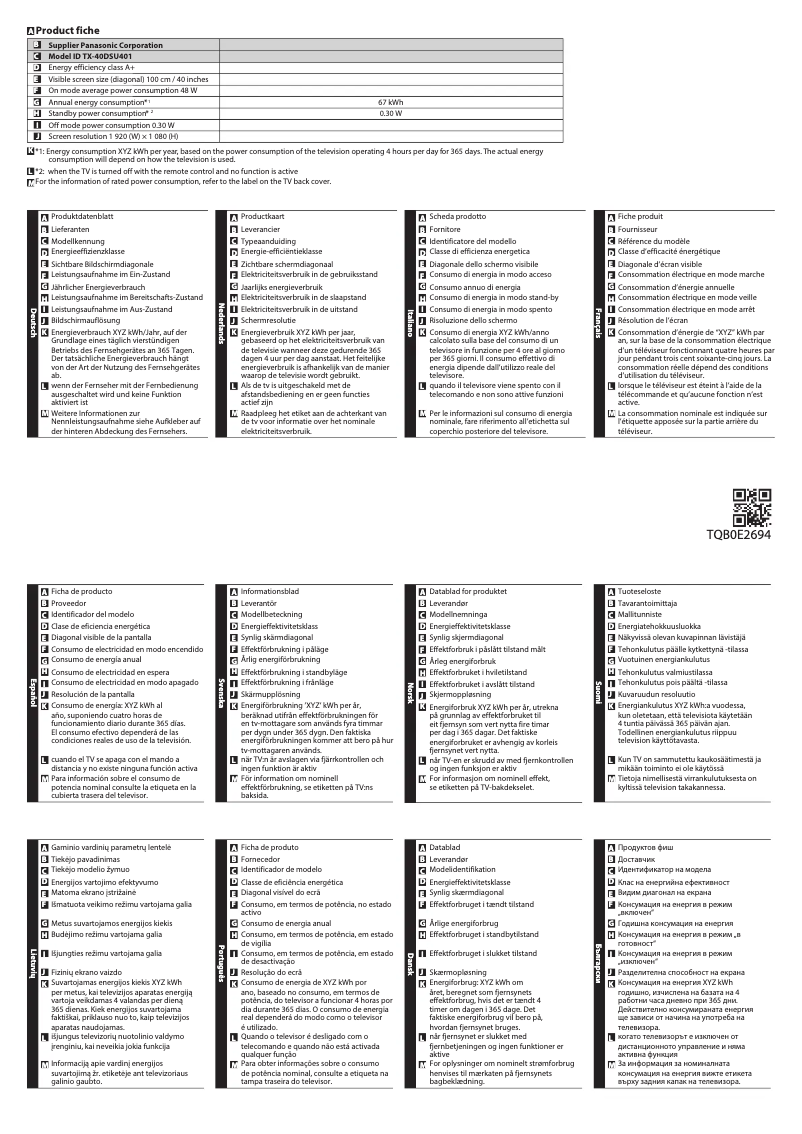 Página 1 del manual Ficha técnica Panasonic TX-40DSU401