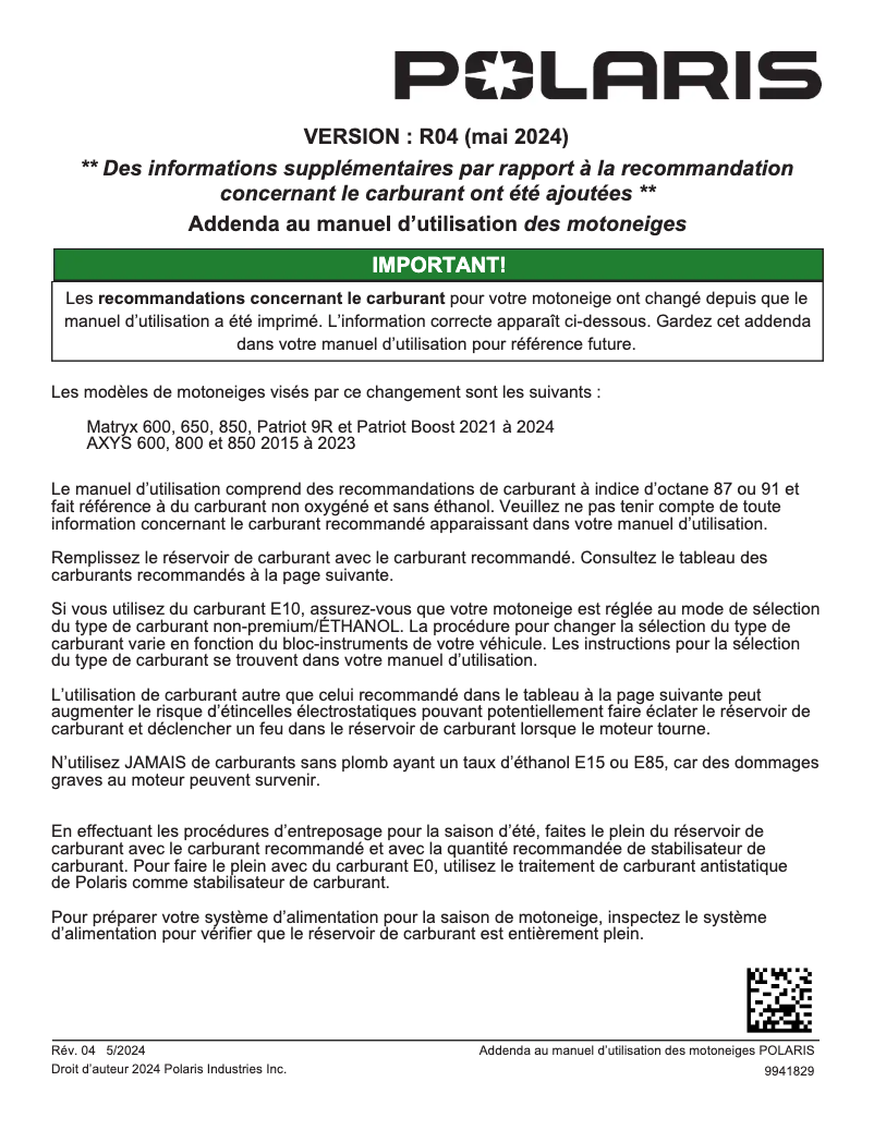 Page 1 de la notice Manuel utilisateur Polaris 600 Indy SP 129 (2022)