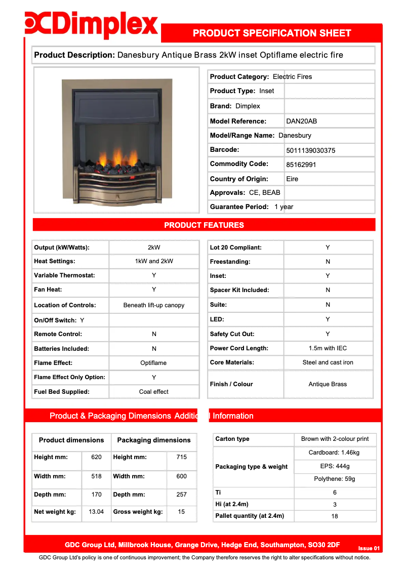 Page 1 de la notice Fiche technique Dimplex DAN20AB