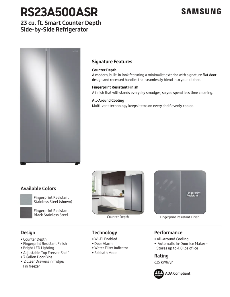Page 1 de la notice Fiche technique Samsung RS23A500ASR