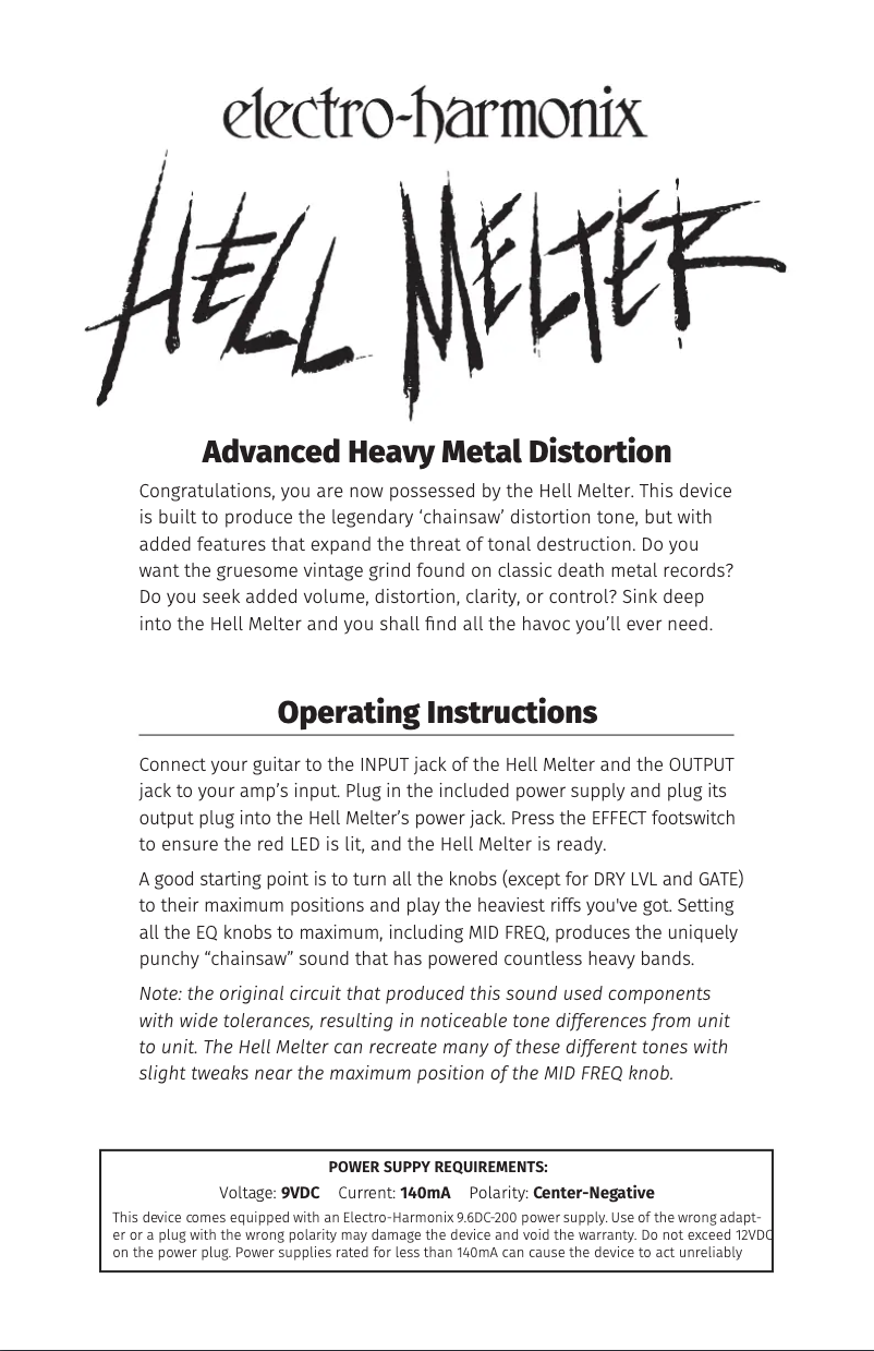 Page 1 de la notice Manuel utilisateur Electro Harmonix Hell Melter