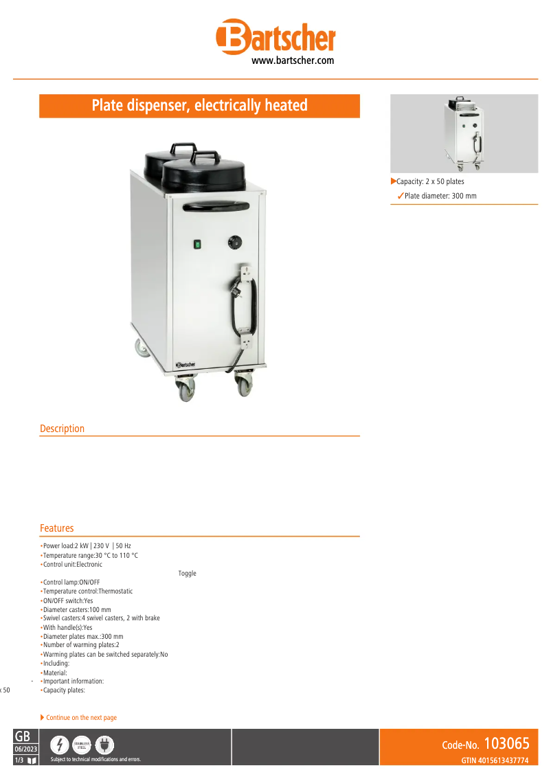 Page n°1 - Fiche technique Bartscher 103065
