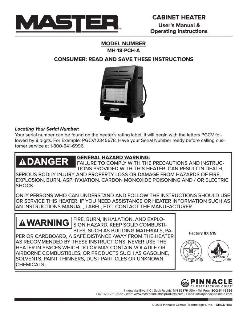 Page 1 de la notice Manuel utilisateur Master MH-18-PCH-A