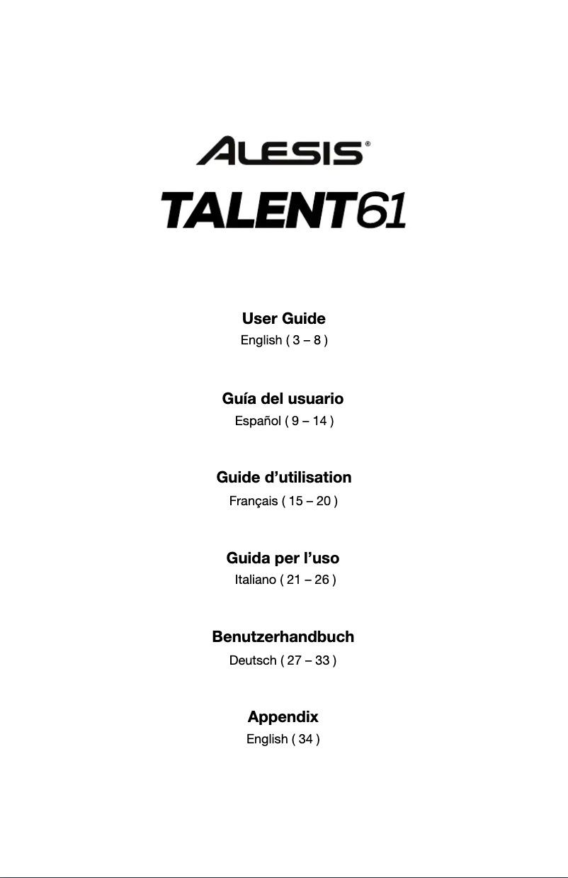 Page n°1 - Manuel utilisateur Alesis Talent 61