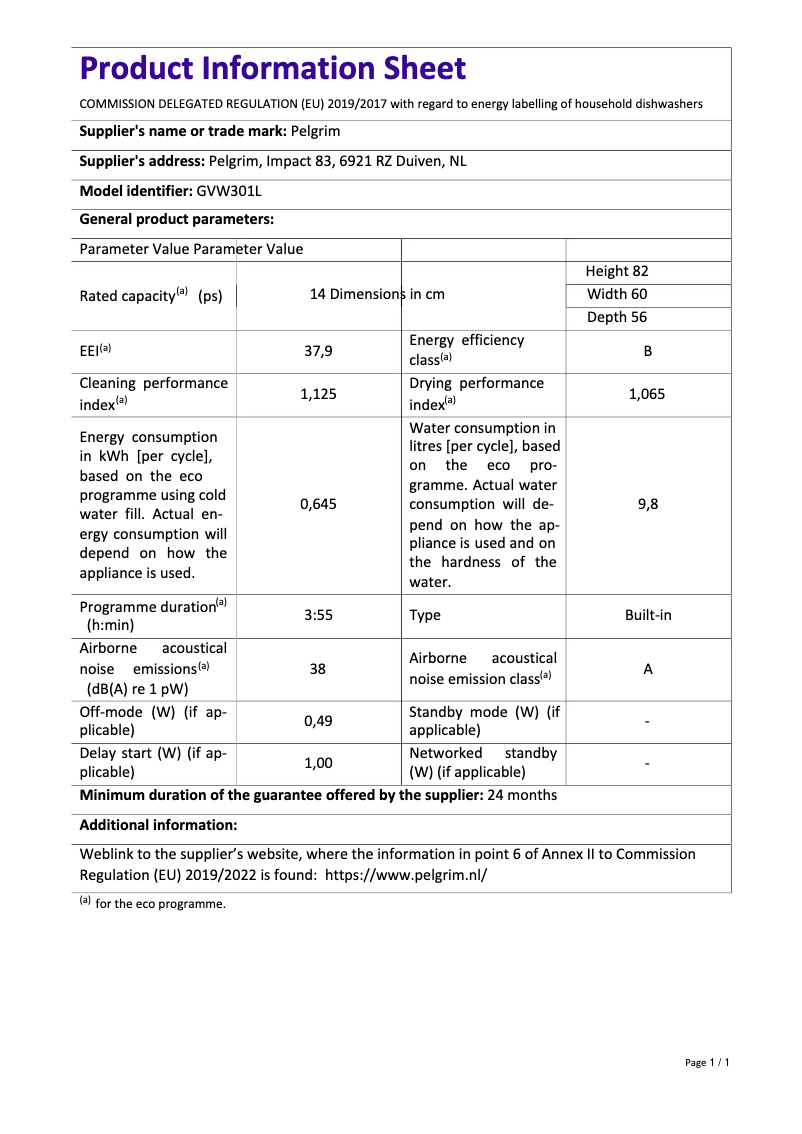 Page 1 de la notice Fiche technique Pelgrim GVW301L