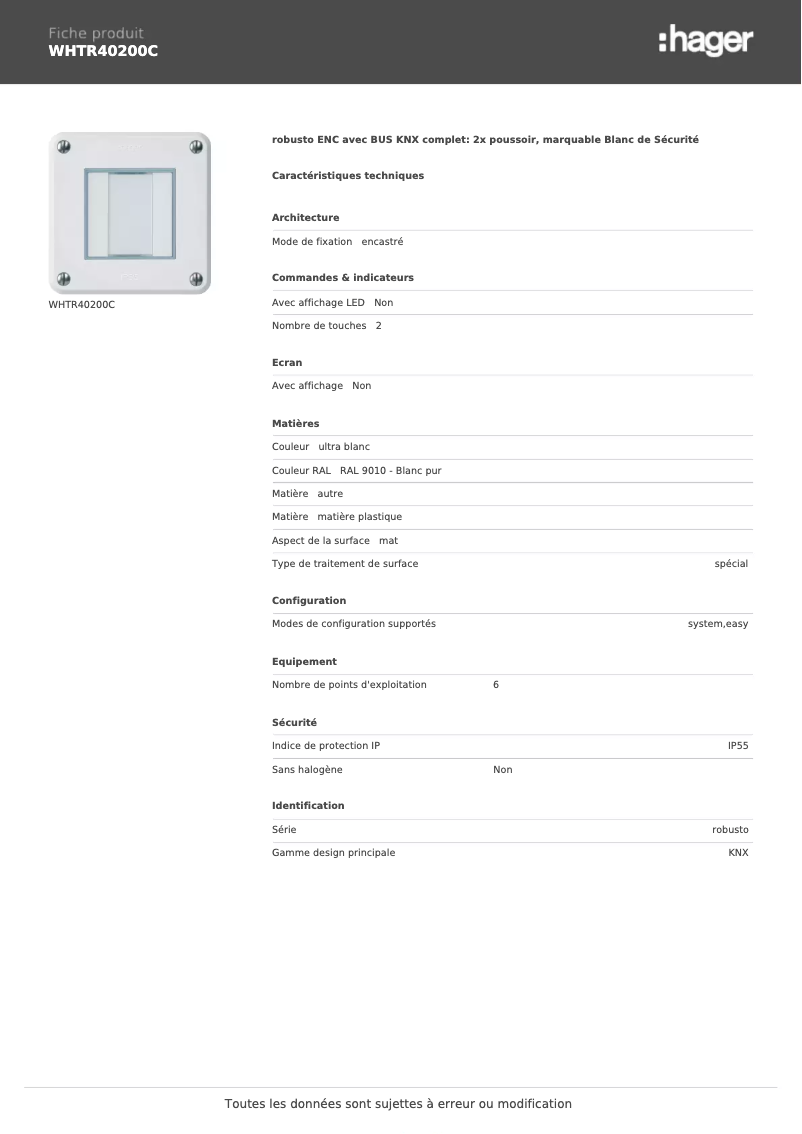 Page n°1 - Fiche technique Hager WHTR40200C