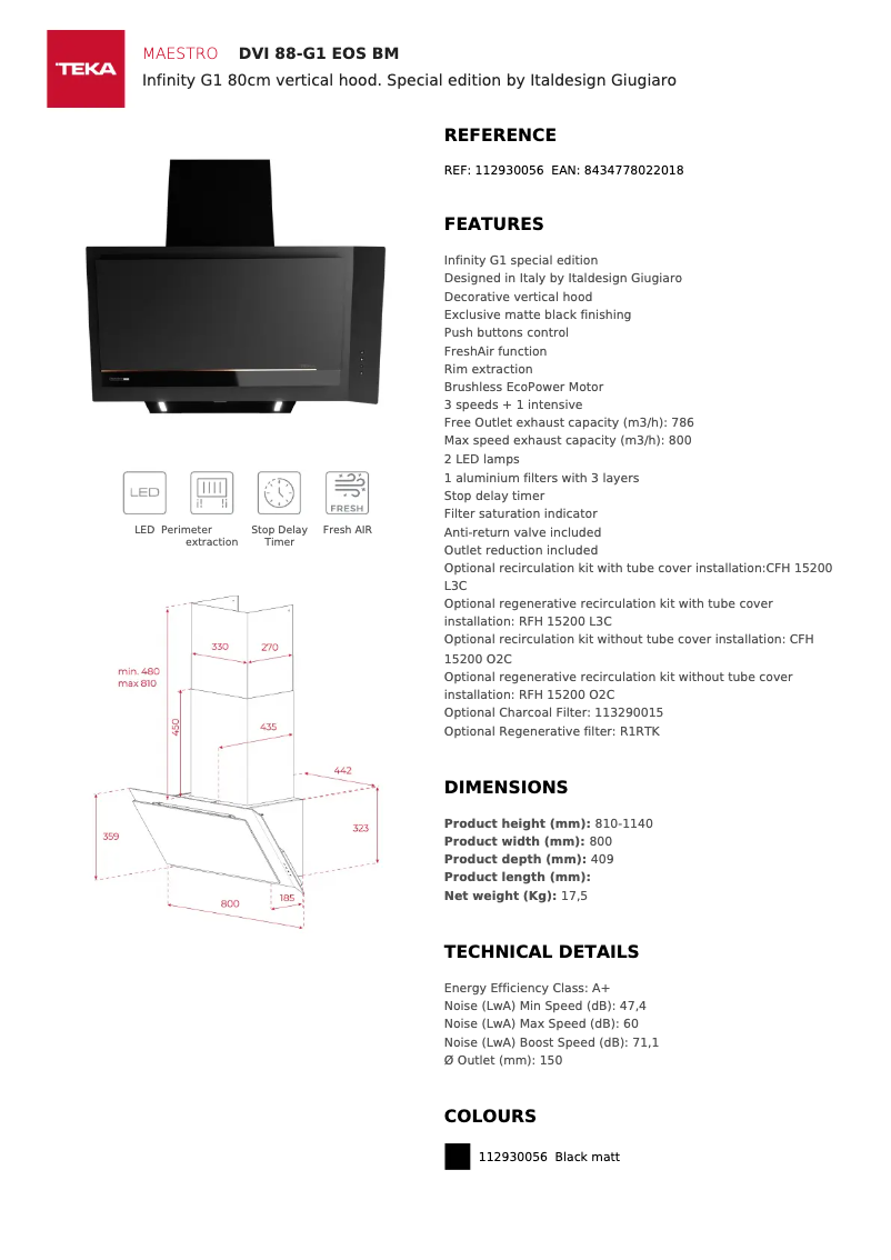 Page 1 de la notice Fiche technique Teka DVI 88-G1 EOS BM